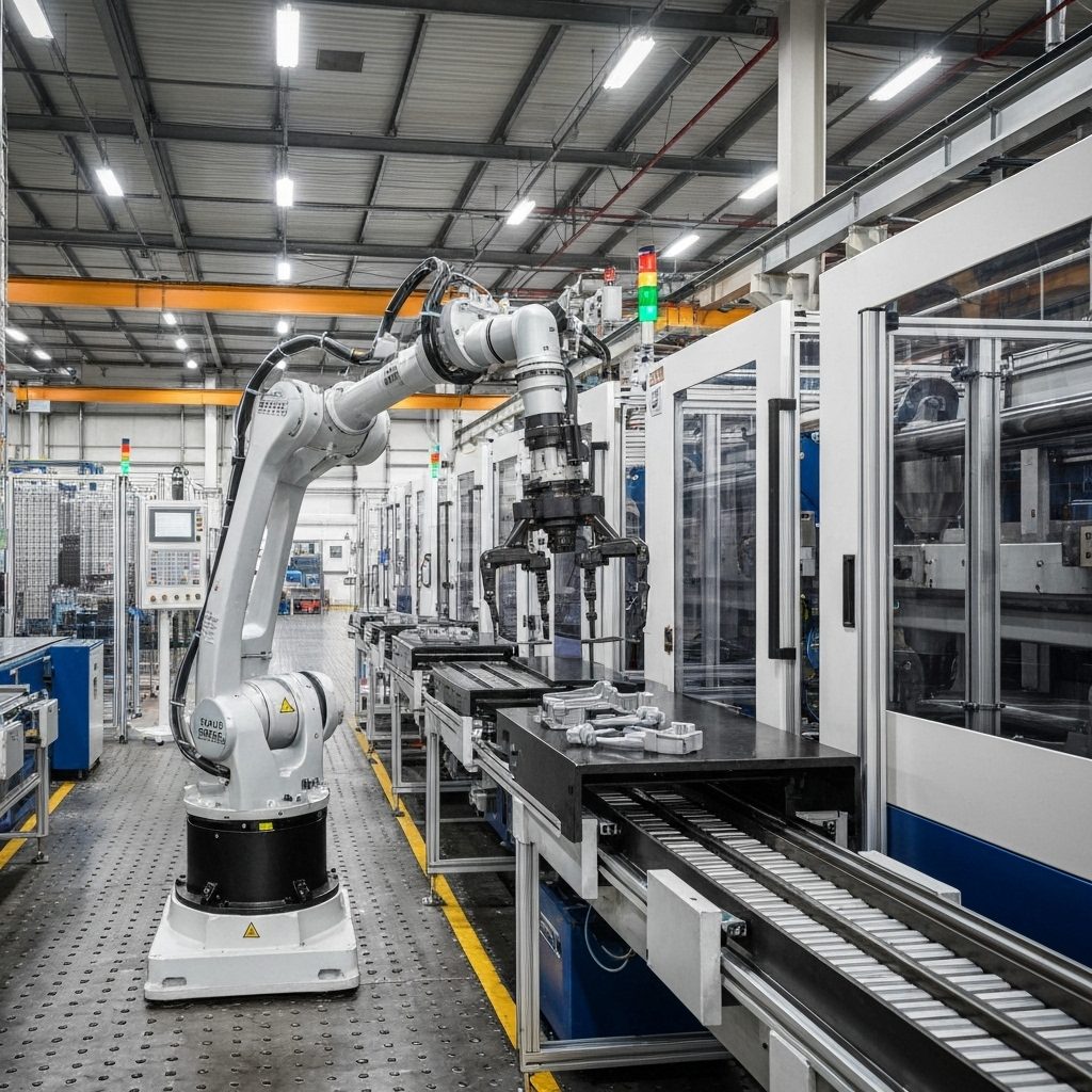 Injection molding machine in operation