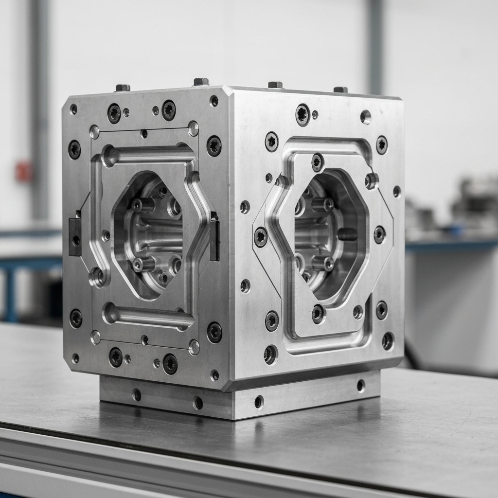 Precision metal mold tooling for plastic injection molding showing intricate details