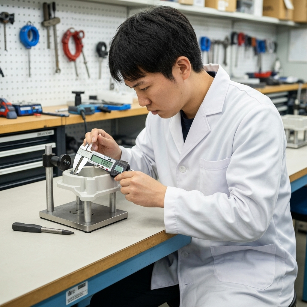 Technician inspecting plastic component quality with precision measuring equipment
